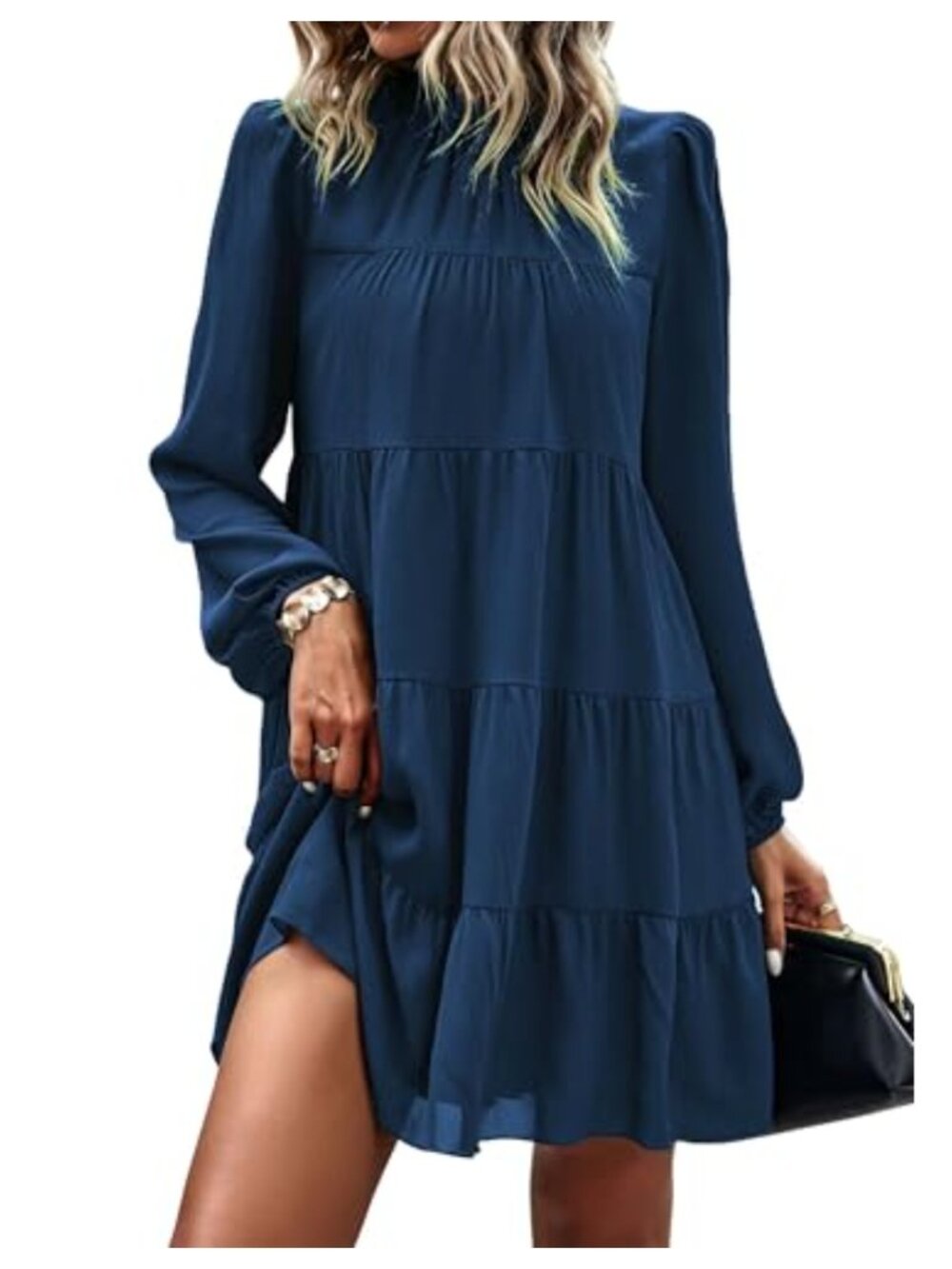 Women's Babydoll Swing Dress Loose Fit Long Sleeve Ruffle Mock Neck Mini Dress